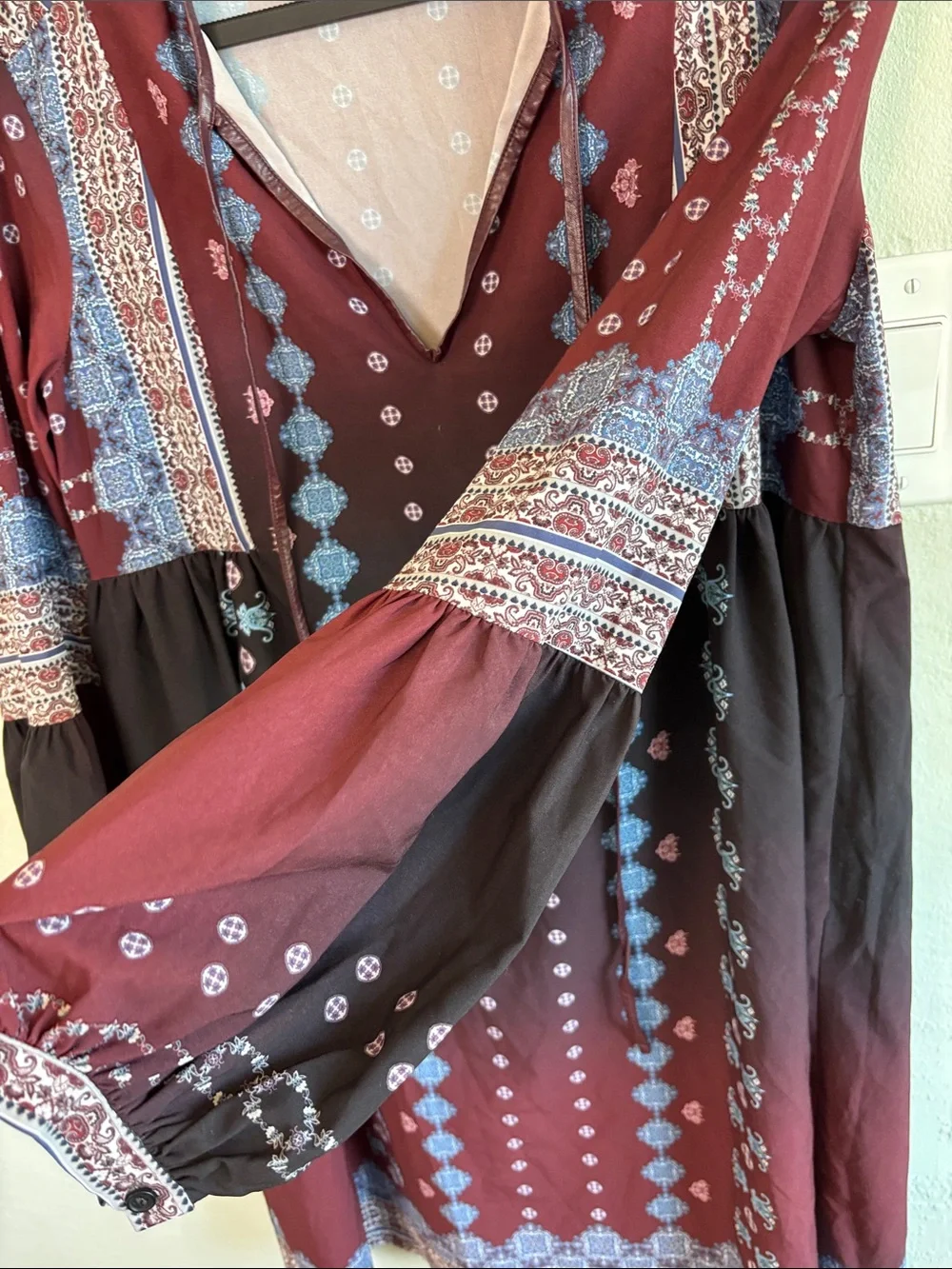 Bundle 2/$30! Clover Canyon Burgundy and Black Boho Midi Dress with Blue Accents - Picture 3 of 9